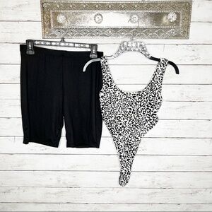 Fashion Nova 2 Piece Leopard Thong Tank Bodysuit and Black High Waist Bike Short